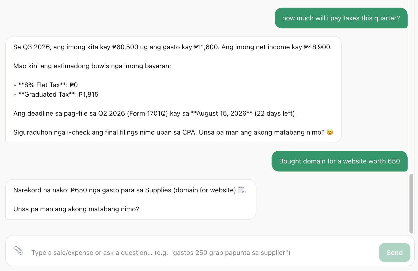 Halin AI chat recording a sale and answering a tax question in Bisaya
