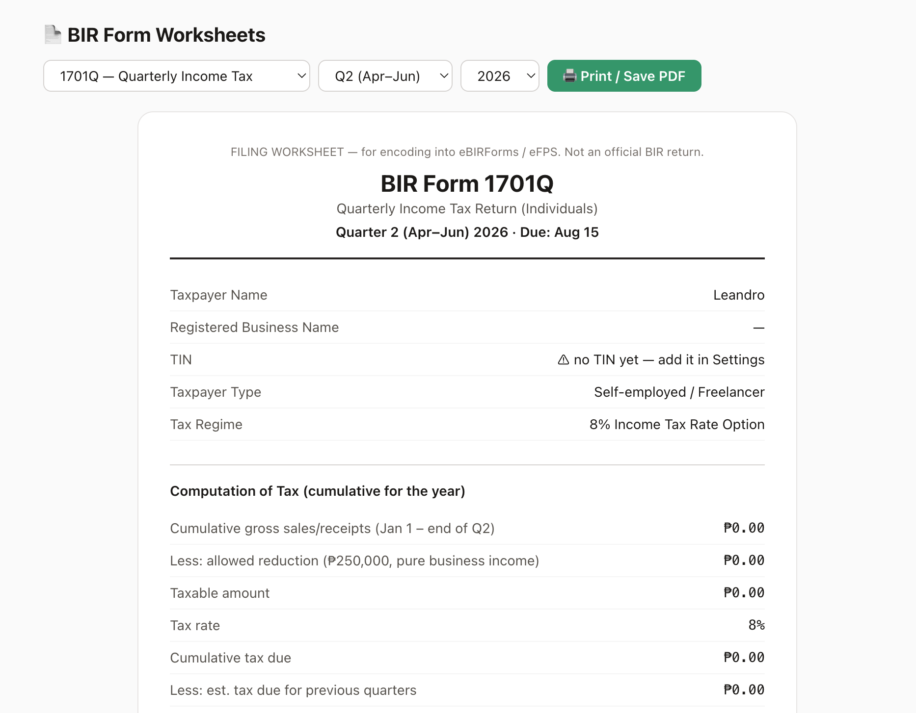 Halin AI pre-filled BIR Form 1701Q worksheet ready for printing